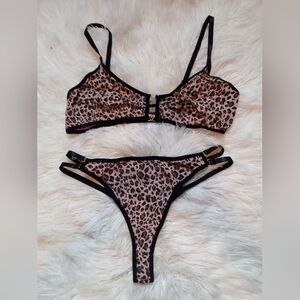 Leopard Print Bralette & Thong Set - Brown